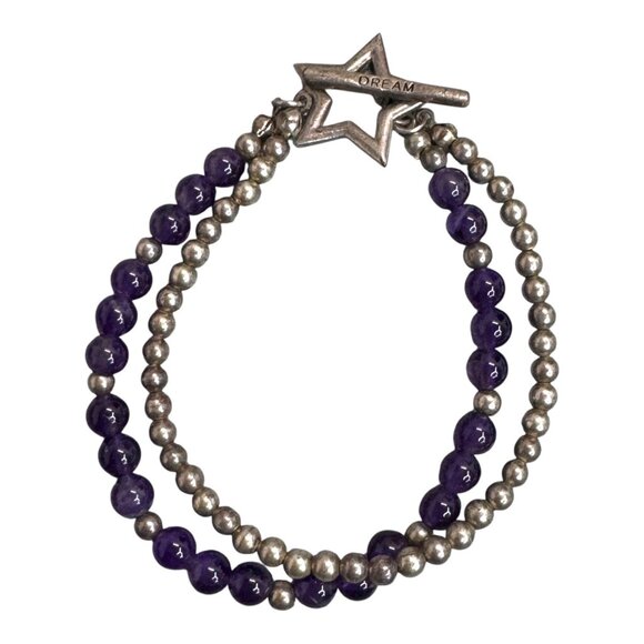 Dream Star Amethyst & Silver Inspirational Bracelet Double Strand Boho Y2K Chic - Picture 3 of 5